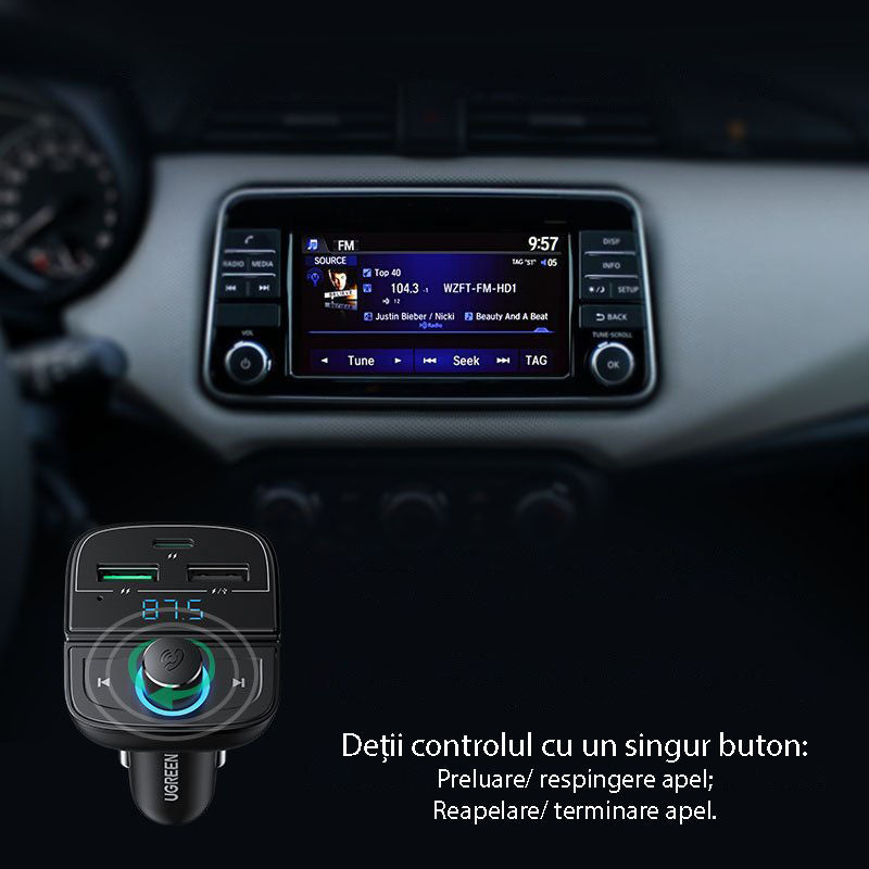 Gadget Ugreen FM Modulator with Car Charger CD229 (80910), 2x USB-A, 1xType-C, TF Card Slot with LED Display, 31.5W, Negru