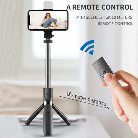 Suport Techsuit Selfie Stick (L02s), Stable Tripod with Bluetooth Remote Control and Fill Light, Stainless Steel, 104cm, Negru
