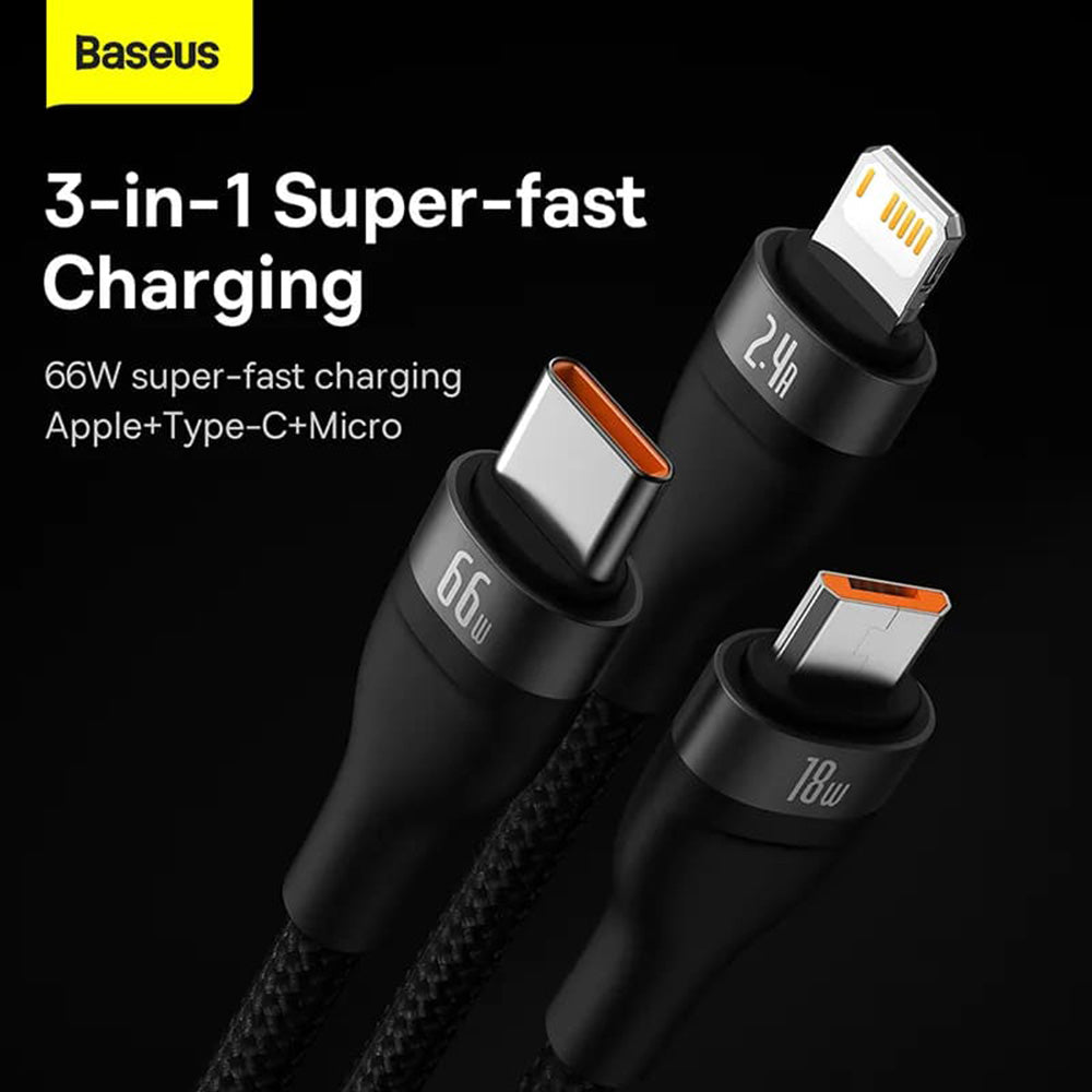 Cablu Baseus Flash Series 2 (CASS040001), Fast Charge, USB to Type-C, Lightning, Micro-USB, 66W, 1.2 m, Negru