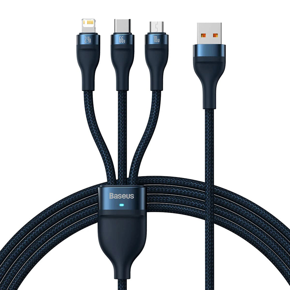 Cablu Baseus Flash Series 2 (CASS040003), Fast Charge, USB to Type-C, Lightning, Micro-USB, 66W, 1.2 m, Albastru