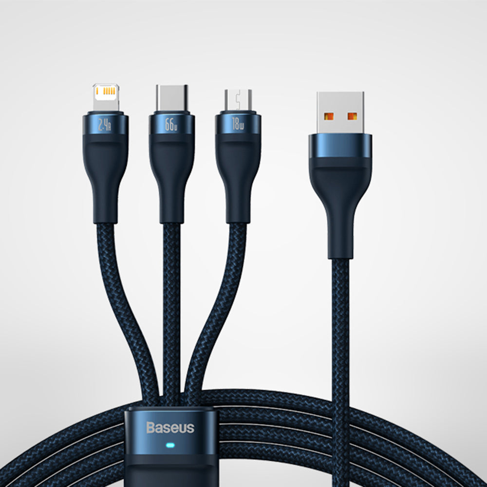 Cablu Baseus Flash Series 2 (CASS040003), Fast Charge, USB to Type-C, Lightning, Micro-USB, 66W, 1.2 m, Albastru