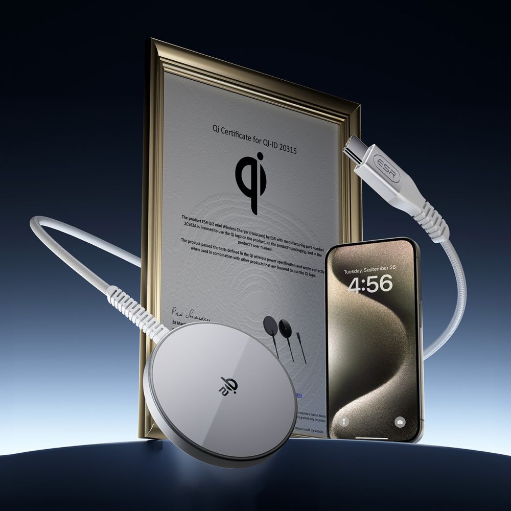 Incarcator ESR Mini Magnetic Wireless HaloLock Qi2, MagSafe Compatible, 15W, with Type-C Cable, 1.5m, Argintiu
