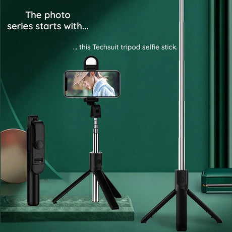 Suport Techsuit Mini Selfie Stick (S05-S), Compact Tripod Mount with Bluetooth Remote Control, LED Light, Foldable, 105cm, Negru