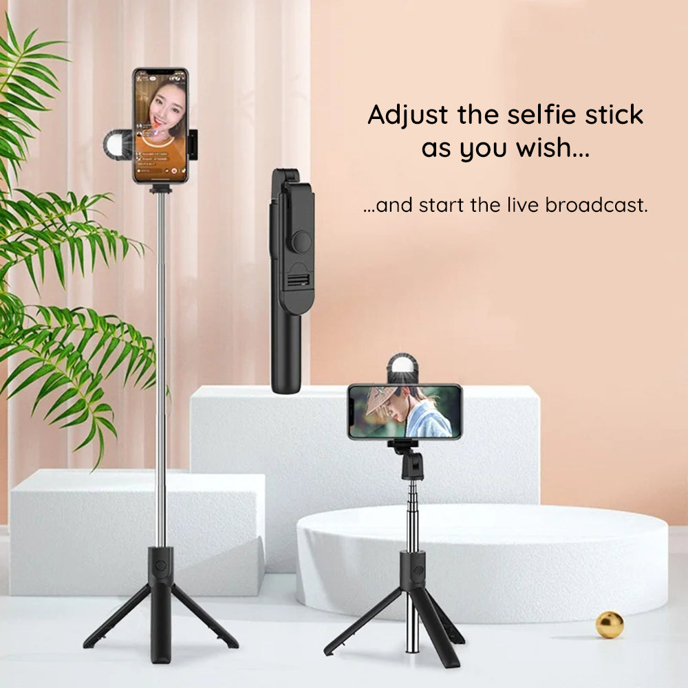 Suport Techsuit Mini Selfie Stick (S05-S), Compact Tripod Mount with Bluetooth Remote Control, LED Light, Foldable, 105cm, Negru