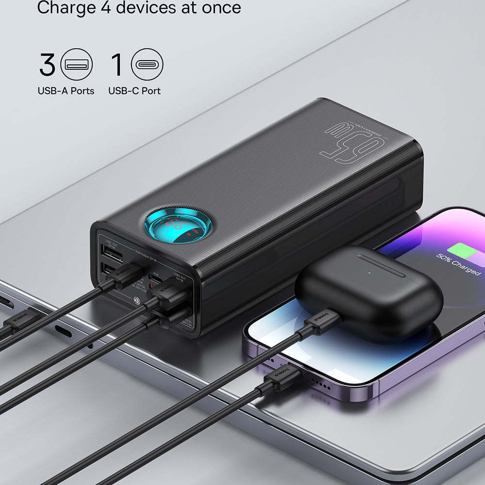 Baterie externa Baseus (P10022402113-00), 4x USB, Type-C, Lighting, Micro-USB, Fast Charge, 65W, 26800mAh, Cable USB-C, Negru