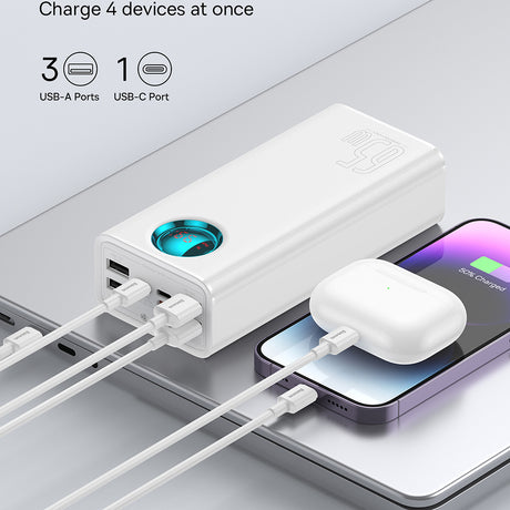 Baterie externa Baseus (P10022402223-00), 4x USB, Type-C, Lighting, Micro-USB, Fast Charge, 65W, 26800mAh, Cable USB-C, Alb