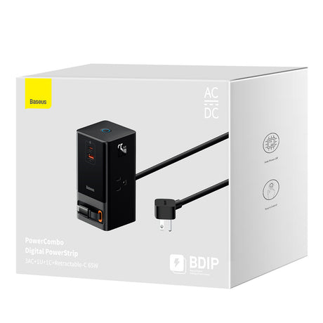 Incarcator Baseus PowerCombo Digital PowerStrip (PSLR000101), 3xAC, USB, Type-C with Type-C Cable, 65W, US Plug, Negru