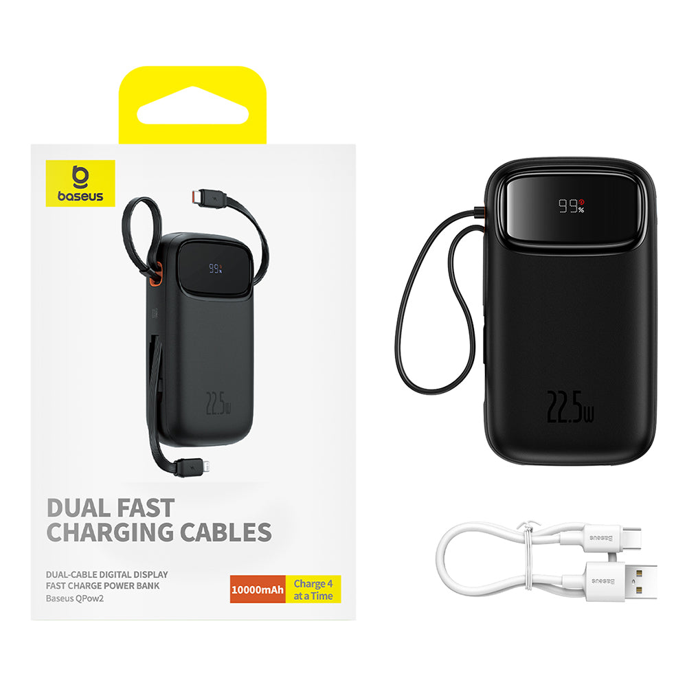 Baterie externa Baseus Qpow Pro+ (P10055003113-00), Lightning, 2x Type-C, USB, 22.5W, 10000mAh, Cable Type-C, 30cm, Negru