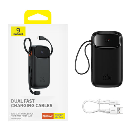 Baterie externa Baseus Qpow Pro+ (P10055002113-00), Lightning, 2x Type-C, USB, 22.5W, 20000mAh, Cable Type-C, 30cm, Negru