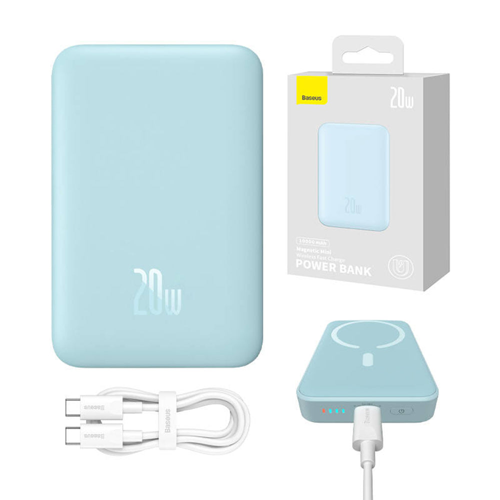Baterie externa Baseus Magnetic Mini (PPCX110103), USB-C, MagSafe, 10000mAh, 20W, with Cable Type-C, 3A, 30cm, Bleu