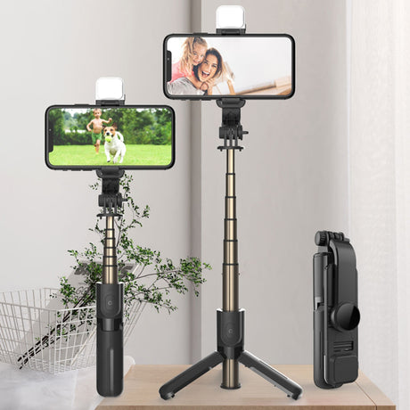 Suport Techsuit Mini Selfie Stick (L11s), Stable Tripod with Bluetooth Remote Control and LED Light, 75cm, Negru