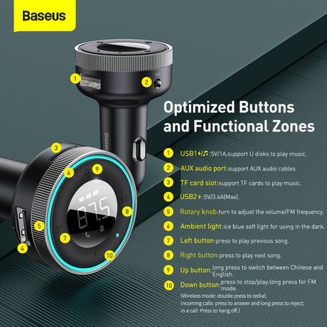 Gadget Baseus FM Modulator and Car Charger Enjoy (CCLH-01), USB-A, 3.4A with LED Display, Negru