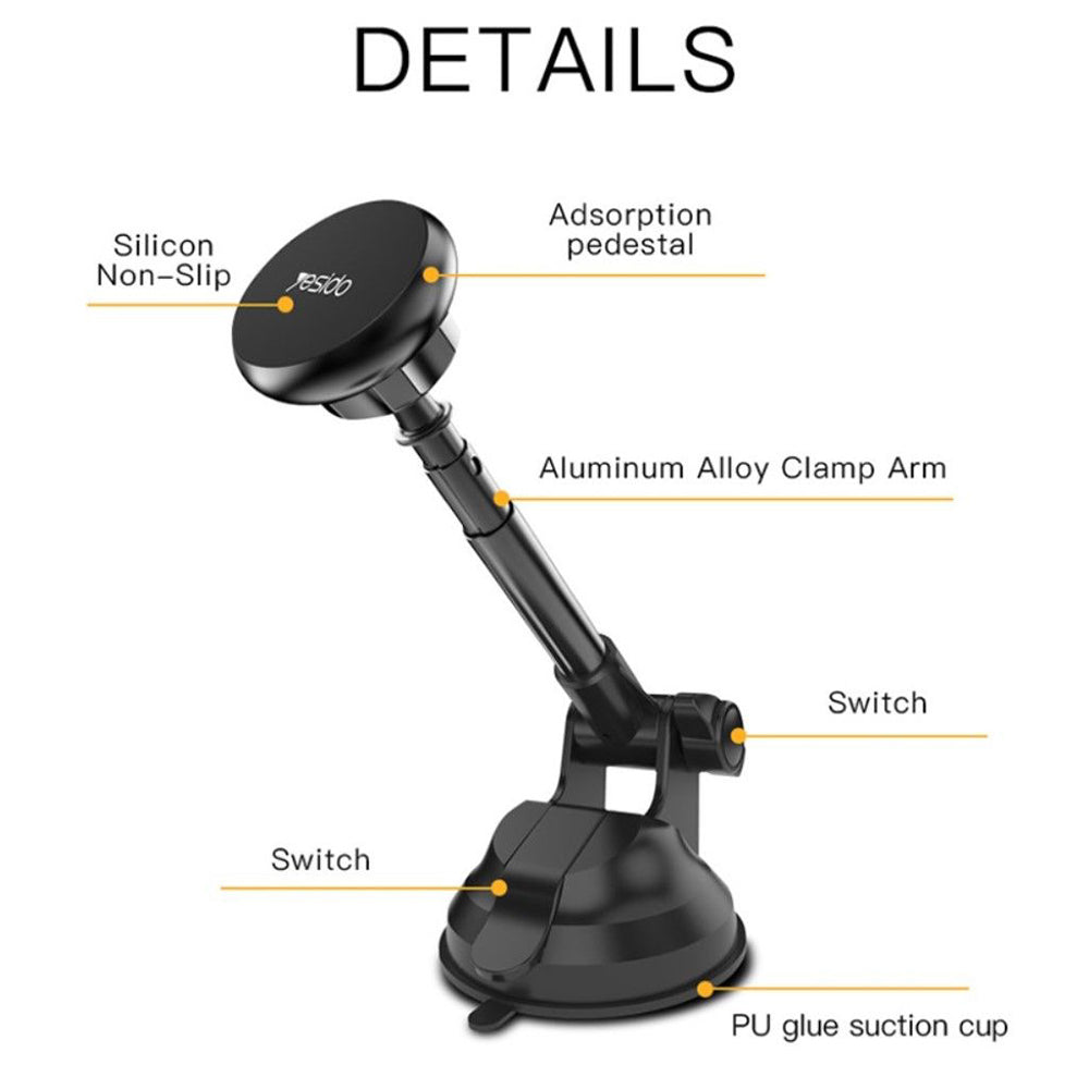 Suport Yesido (C41), Extendable Arm, 360° Rotation Angle, for Dashboard, Windshield, Negru
