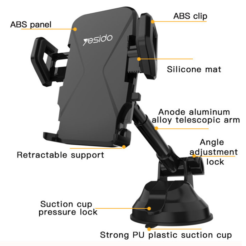 Suport Yesido (C40), Extendable Arm for Dashboard, Windshield, Negru