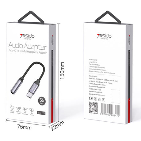Adaptor Yesido Audio Cable Adapter (YAU19), Type-C to Jack 3.5mm, Negru