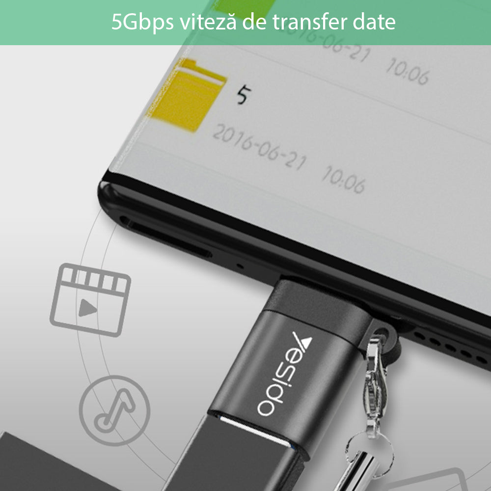 Adaptor Yesido OTG Adapter (GS06), Type-C to USB 3.0, Plug & Play, 5Gbps, Negru