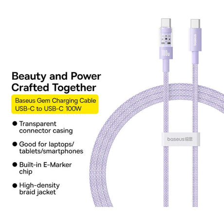 Cablu Baseus Gem (P10373000511-00), Type-C to Type-C, Super Fast Charging 100W, 1m, Nebula Purple