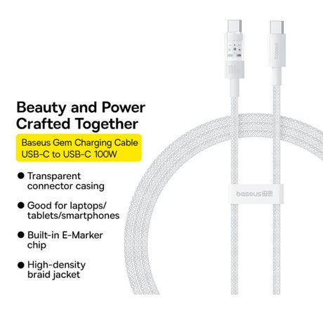 Cablu Baseus Gem (P10373000211-00), Type-C to Type-C, Super Fast Charging 100W, 1m, Moon White