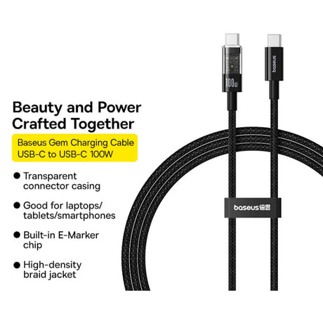 Cablu Baseus Gem (P10373000111-01), Type-C to Type-C, Super Fast Charging 100W, 2m, Cluster Black