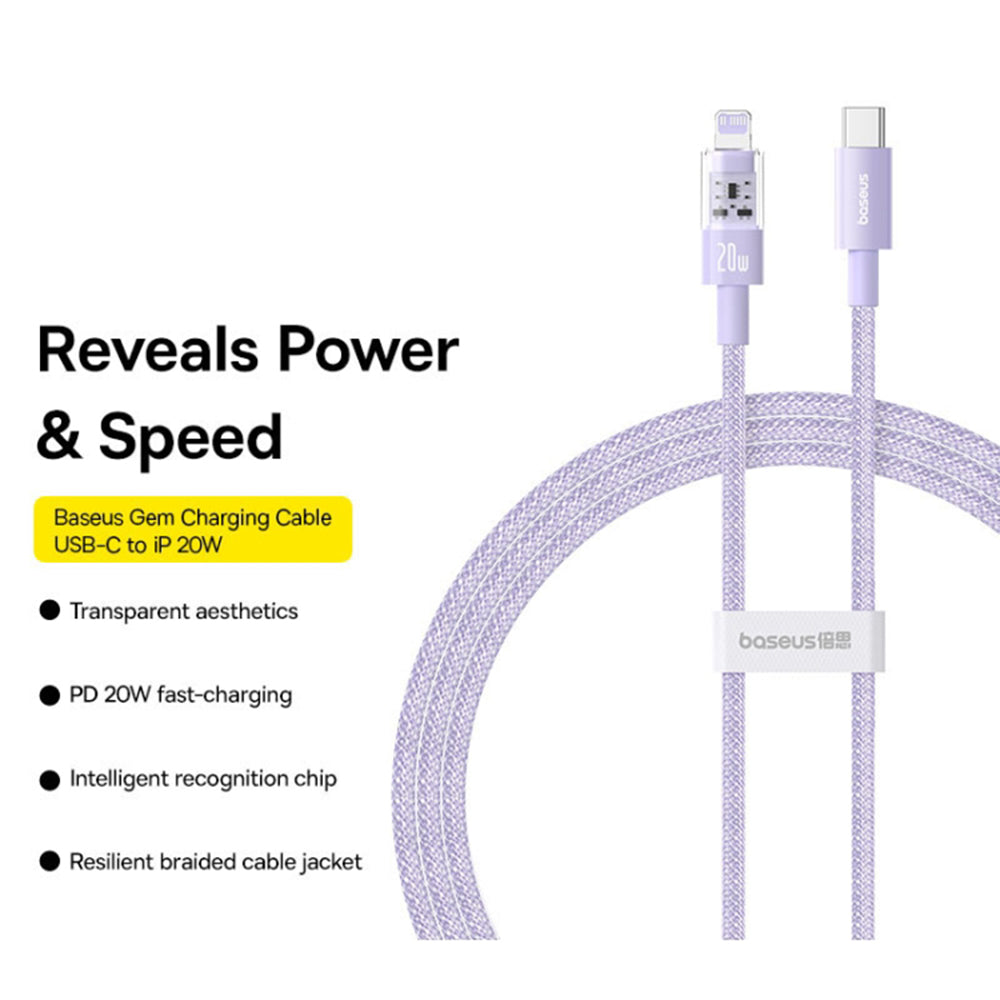 Cablu Baseus Gem (P10373001511-00), USB-C to Lightning, Fast Charging 20W, 1m, Nebula Purple