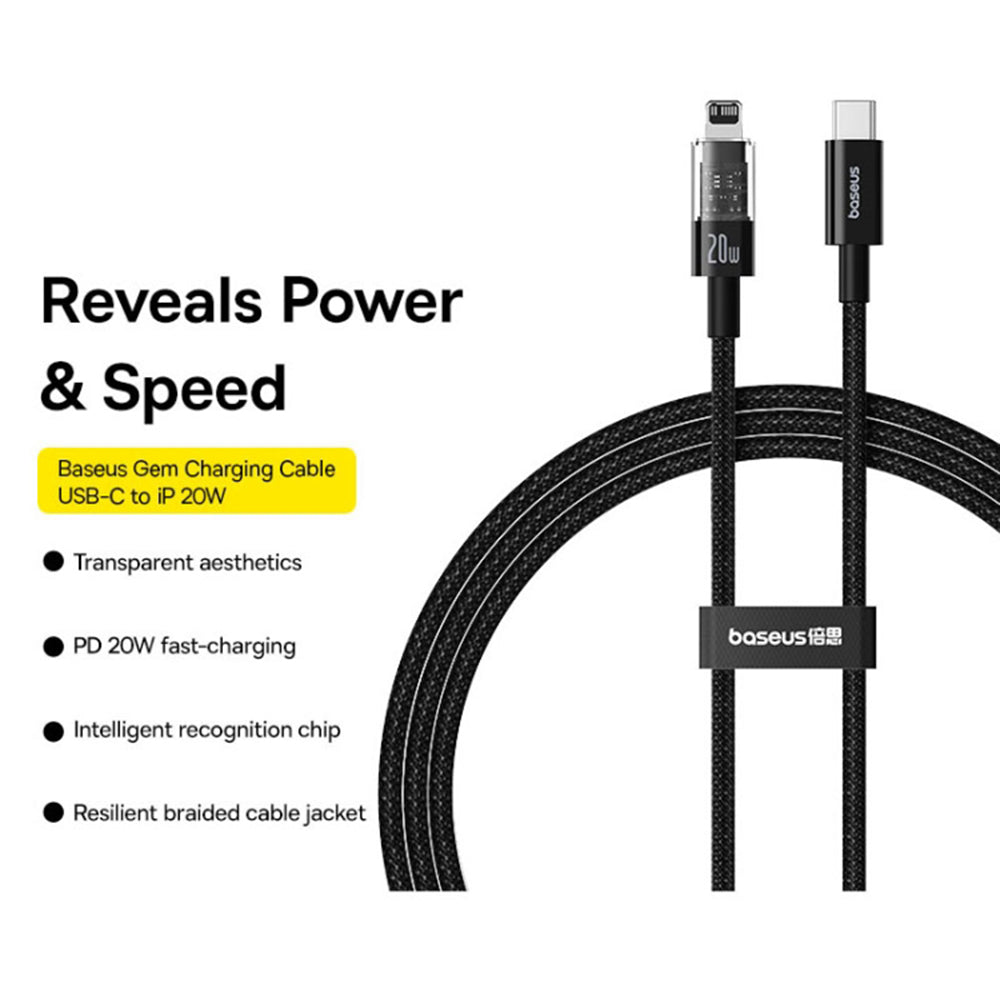 Cablu Baseus Gem (P10373001111-00), USB-C to Lightning, Fast Charging 20W, 1m, Cluster Black