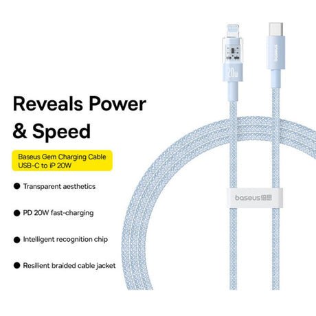Cablu Baseus Gem (P10373001311-01), USB-C to Lightning, Fast Charging 20W, 2m, Galaxy Blue