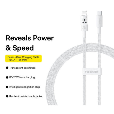 Cablu Baseus Gem (P10373001211-01), USB-C to Lightning, Fast Charging 20W, 2m, Moon White