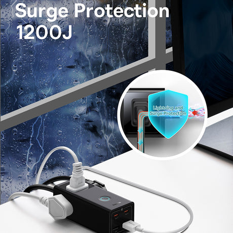 Incarcator Baseus PowerCombo Digital PowerStrip (PSLA020101), 3xAC, 2xUSB, 2xType-C, 65W with Cable Type-C 100W, Negru