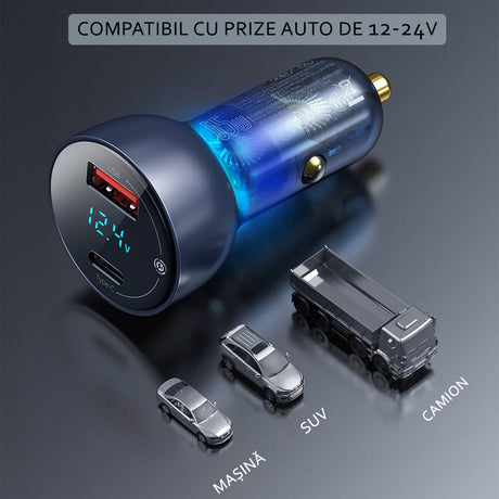 Incarcator Baseus Car (CCKX-C0A), with Digital Display, Type-C PD65W, USB QC4.0, DC 12-24V, Transparent