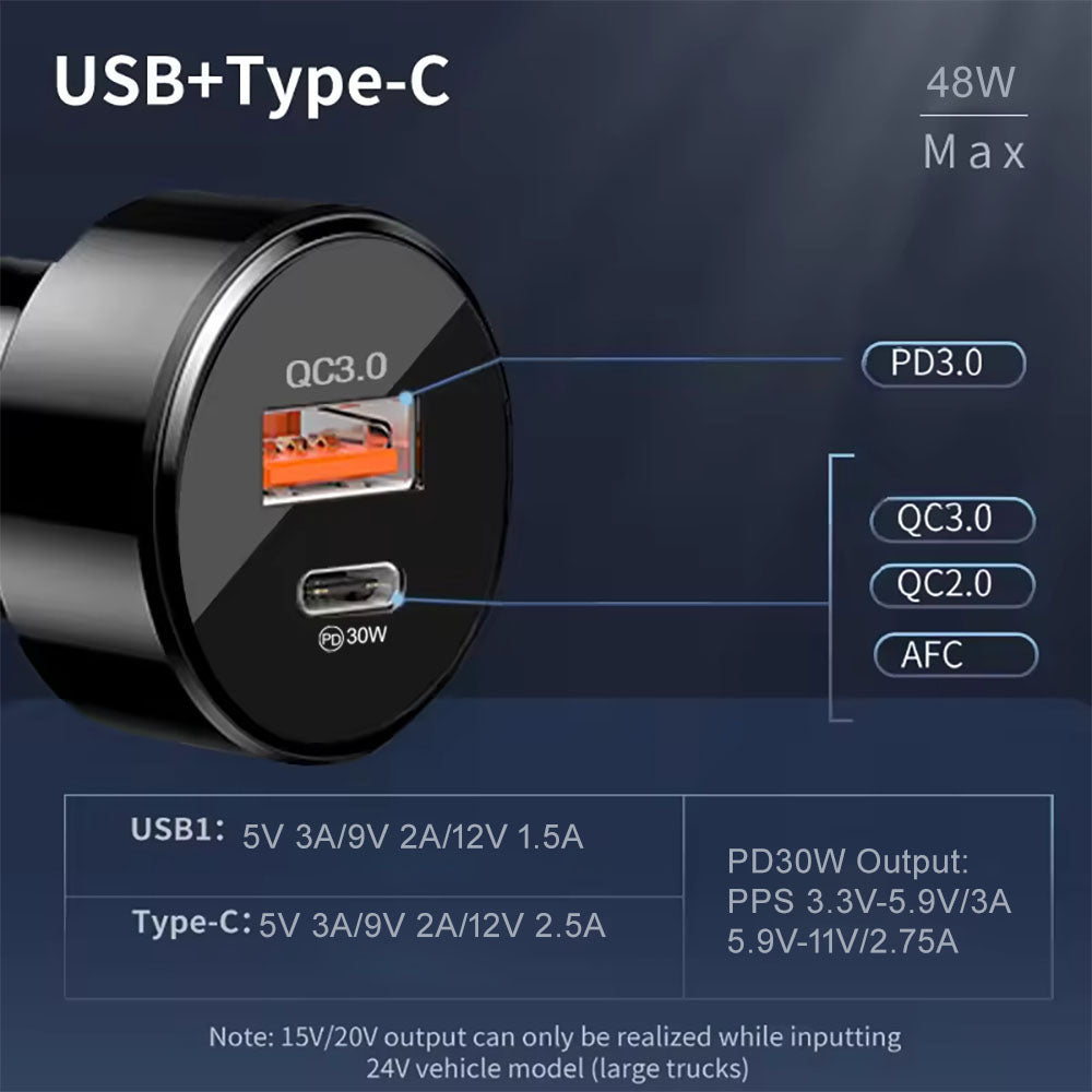 Incarcator Techsuit Car Premium (TE-P31), USB QC3.0 18W, Type-C PD30W, Total 48W, LED Light, Negru