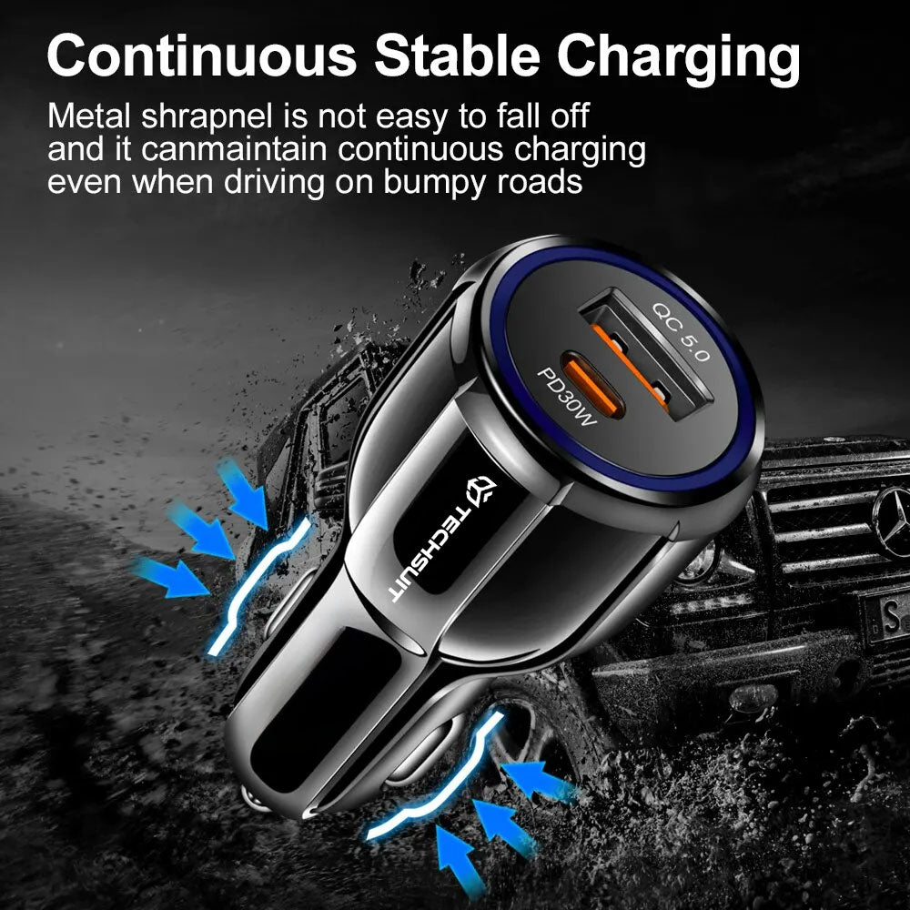 Incarcator Techsuit Car Premium (TE-022), USB-A QC5.0 30W, USB-C PD30W, Total 60W, LED Light, Negru