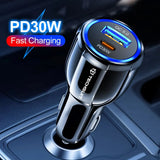 Incarcator Techsuit Car Premium (TE-022), USB-A QC5.0 30W, USB-C PD30W, Total 60W, LED Light, Negru