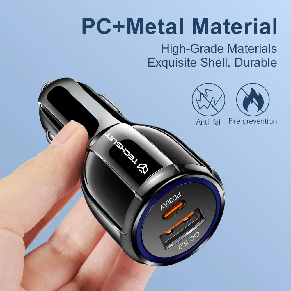 Incarcator Techsuit Car Premium (TE-022), USB-A QC5.0 30W, USB-C PD30W, Total 60W, LED Light, Negru