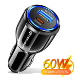 Incarcator Techsuit Car Premium (TE-022), USB-A QC5.0 30W, USB-C PD30W, Total 60W, LED Light, Negru