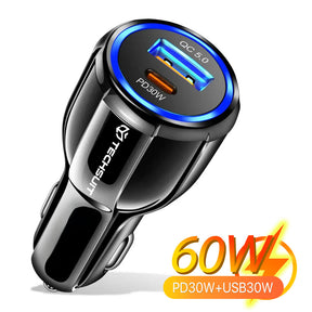 Incarcator Techsuit Car Premium (TE-022), USB-A QC5.0 30W, USB-C PD30W, Total 60W, LED Light, Negru