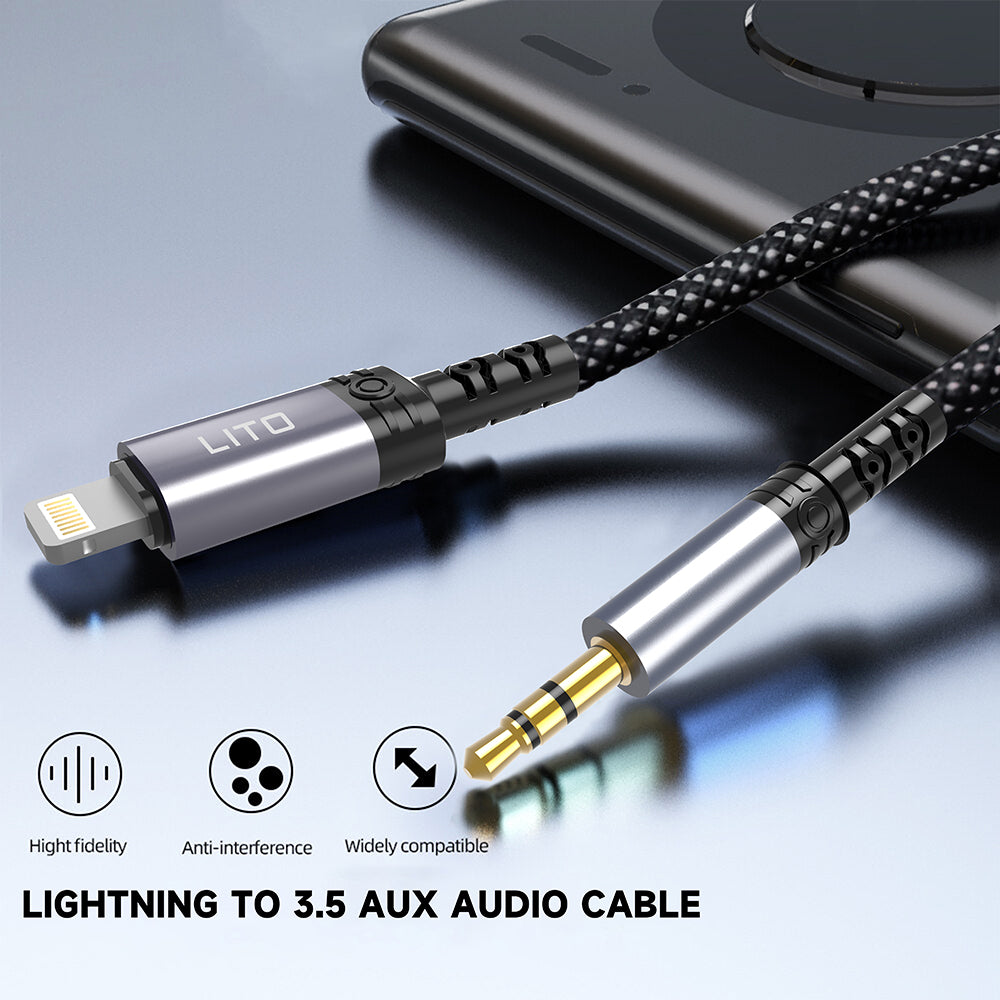 Adaptor Lito Audio Cable Adapter (LA01L), Lightning to Jack 3.5mm, Hi-Fi, 24k Gold-plated Contacts, Nylon-braided, 1m, Negru
