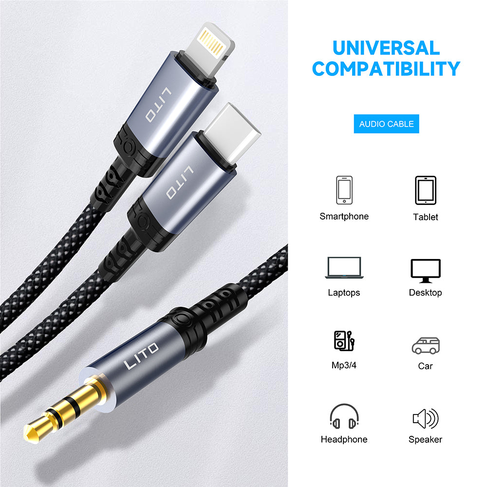 Adaptor Lito Audio Cable Adapter (LA01L), Lightning to Jack 3.5mm, Hi-Fi, 24k Gold-plated Contacts, Nylon-braided, 1m, Negru