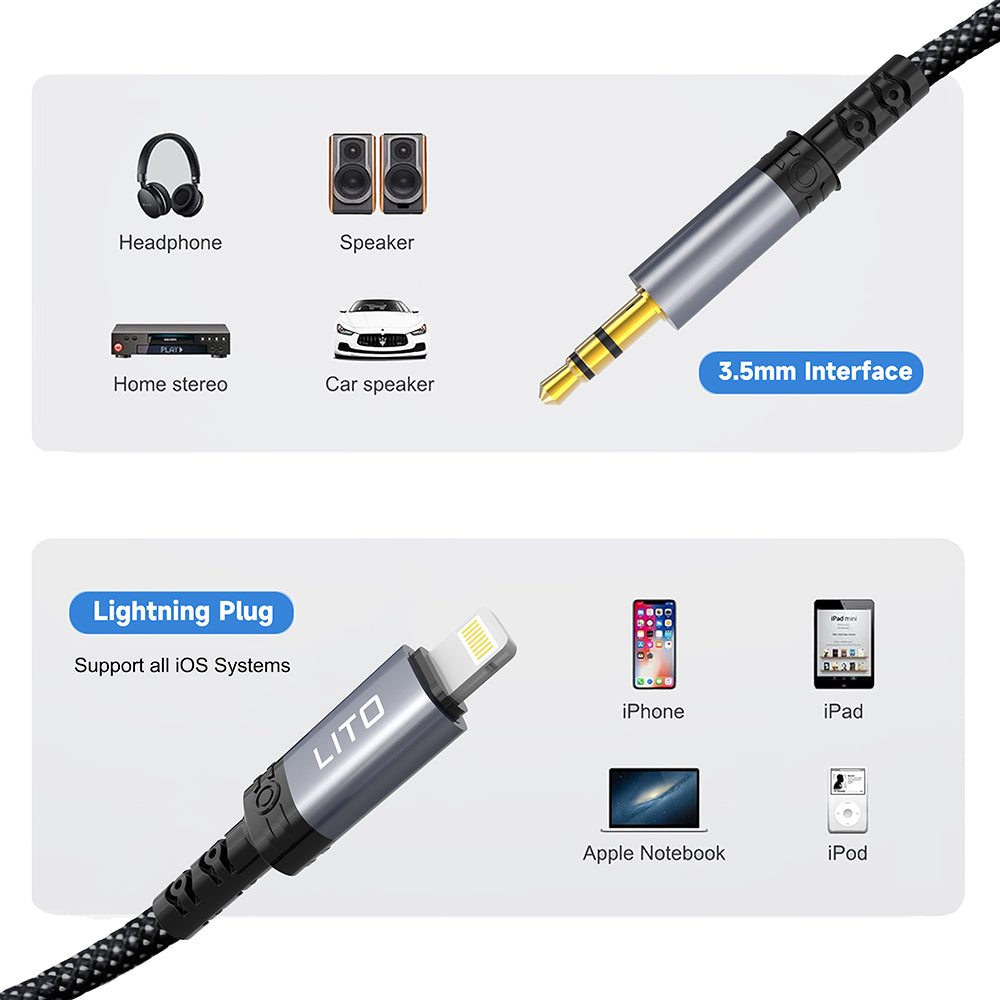 Adaptor Lito Audio Cable Adapter (LA01L), Lightning to Jack 3.5mm, Hi-Fi, 24k Gold-plated Contacts, Nylon-braided, 1m, Negru