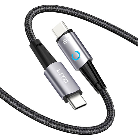 Cablu Lito (LD10CC), Type-C to Type-C, Fast Charging, 60W, with LED Light, 1m, Negru