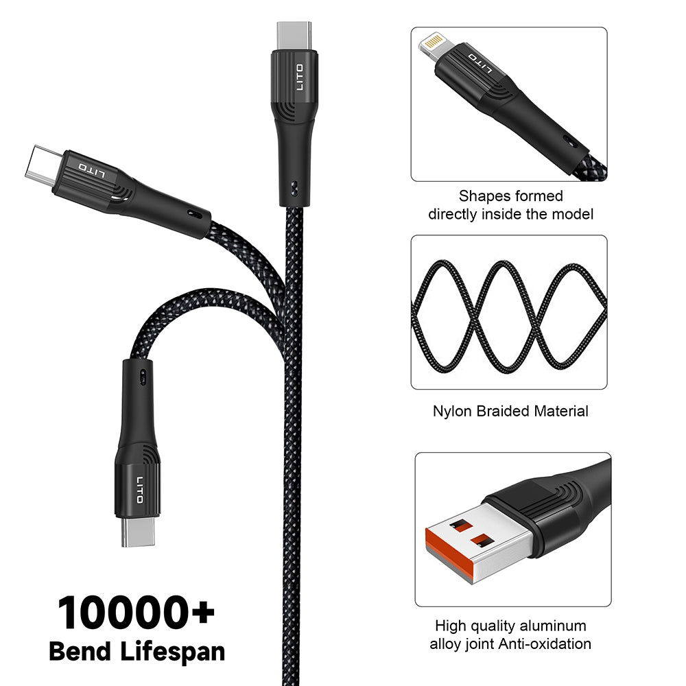 Cablu Lito (LD14), USB to Type-C Fast Charging 60W, 480Mbps, Nylon, 1m, Negru