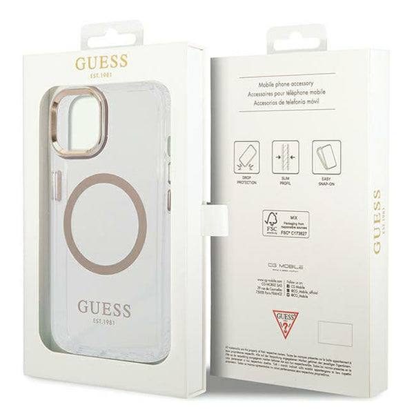 Husa de protectie Guess Metal Outline MagSafe (GUHMP15MHTRMD) compatibil cu iPhone 15 Plus, Auriu