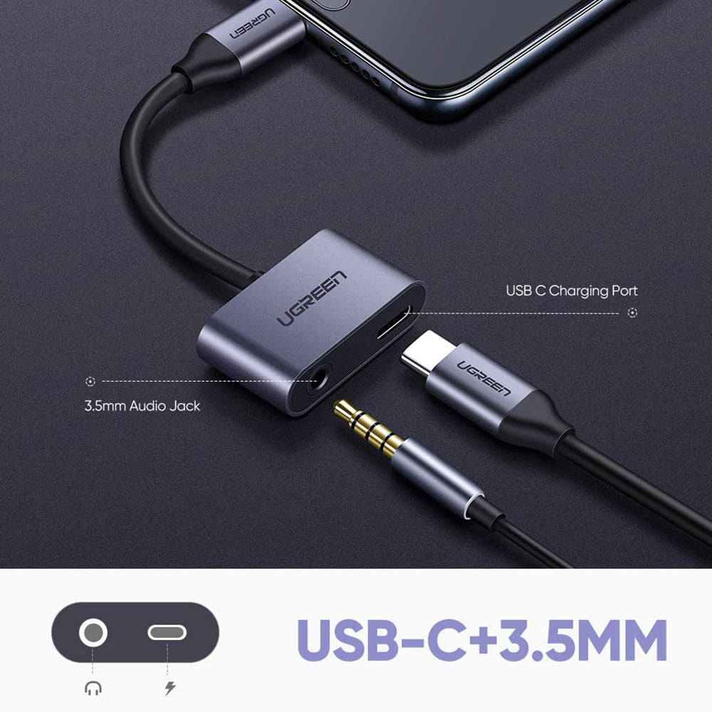 Adaptor Ugreen Adapter 2in1 CM193 (50596), USB-C to Type-C, Jack 3.5mm, Gri