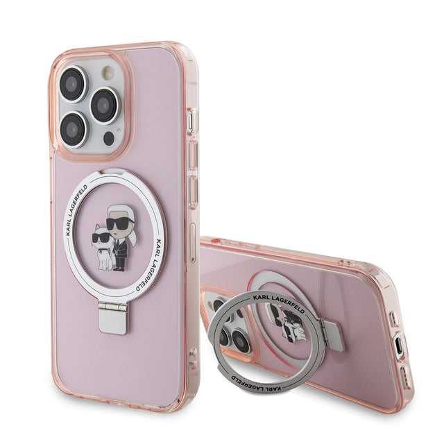 Husa de protectie Karl Lagerfeld Hardcase Ring Stand MagSafe (KLHMP15XHMRSKCP) compatibil cu iPhone 15 Pro Max, Roz Karl&Choupette
