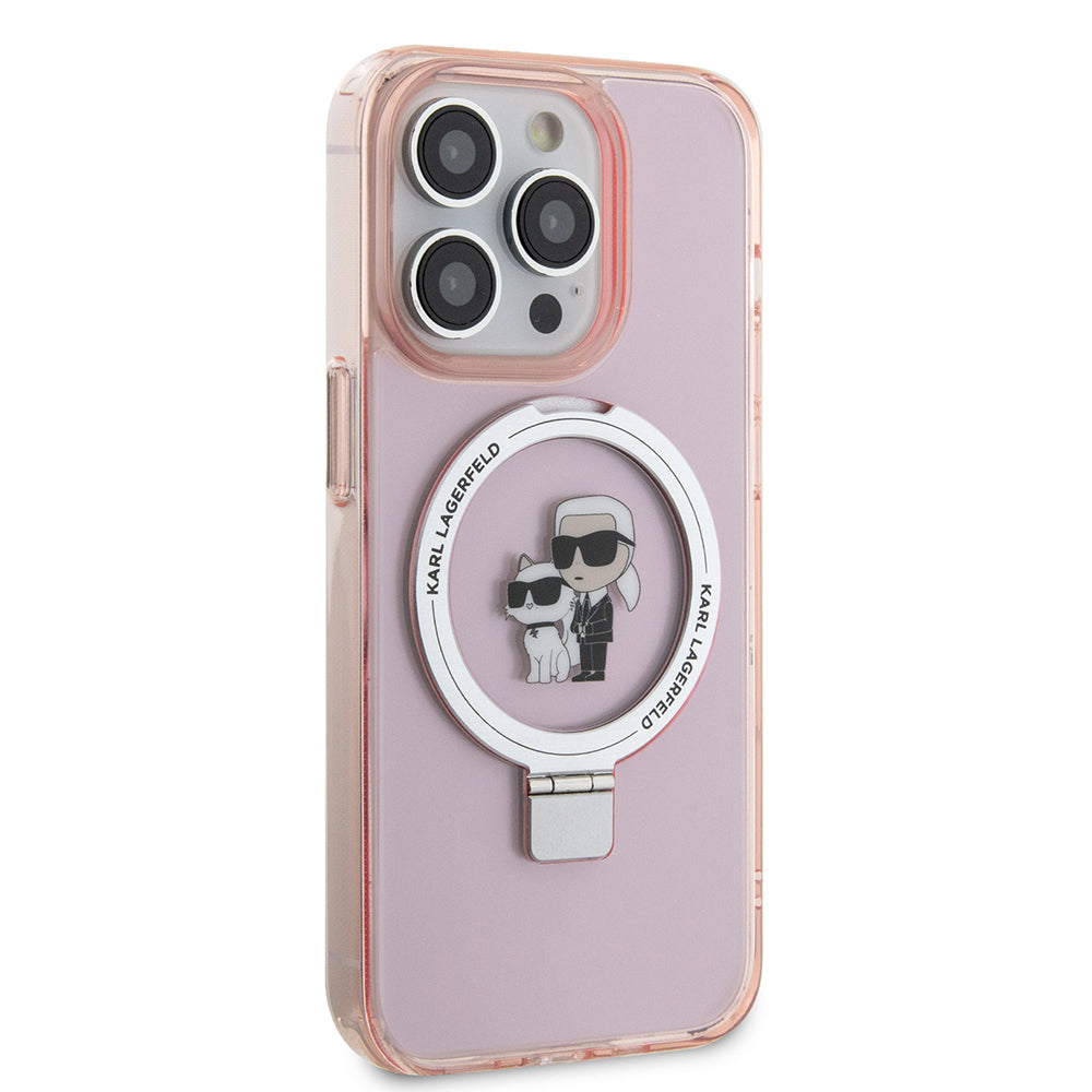 Husa de protectie Karl Lagerfeld Hardcase Ring Stand MagSafe (KLHMP15XHMRSKCP) compatibil cu iPhone 15 Pro Max, Roz Karl&Choupette