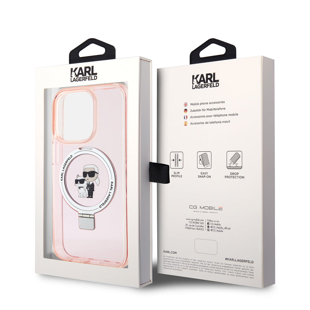 Husa de protectie Karl Lagerfeld Hardcase Ring Stand MagSafe (KLHMP15XHMRSKCP) compatibil cu iPhone 15 Pro Max, Roz Karl&Choupette