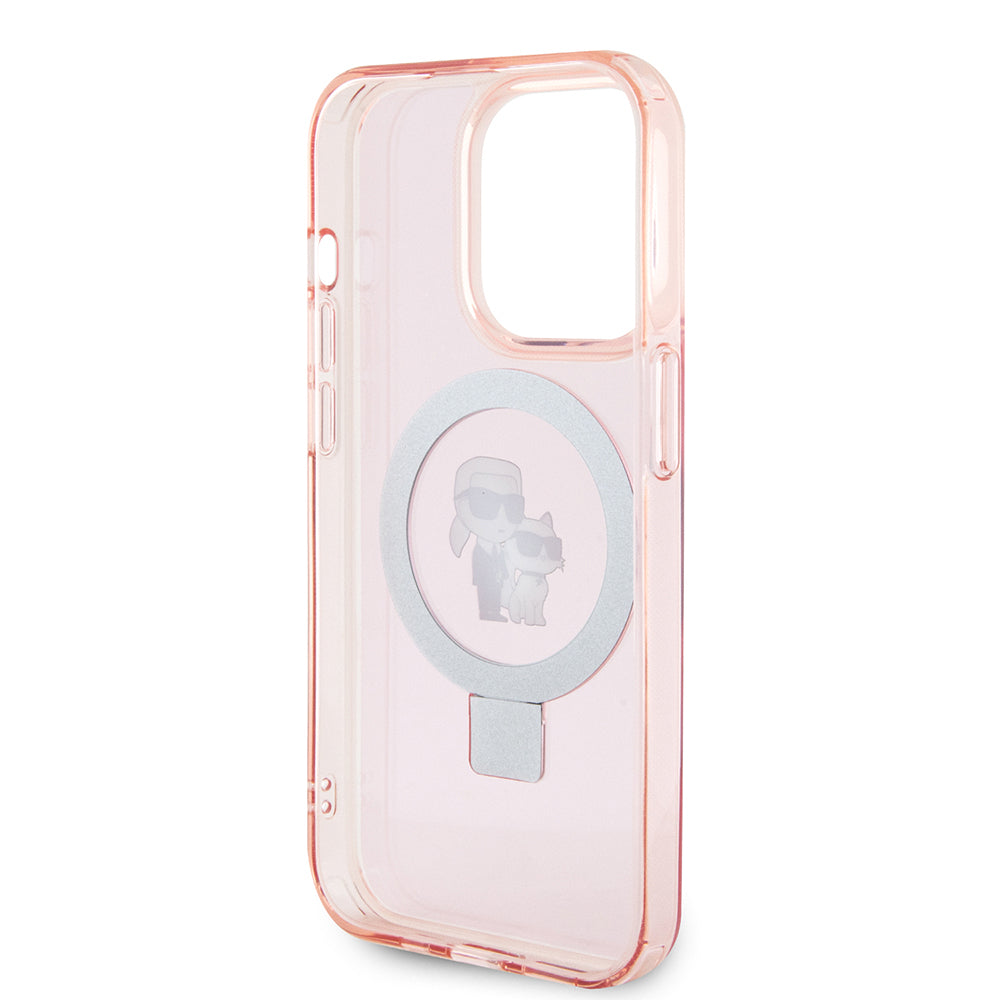 Husa de protectie Karl Lagerfeld Hardcase Ring Stand MagSafe (KLHMP15XHMRSKCP) compatibil cu iPhone 15 Pro Max, Roz Karl&Choupette