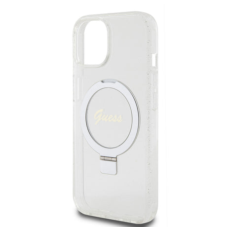 Husa de protectie Guess Ring Stand Script Glitter MagSafe (GUHMP15SHRSGSD) compatibil cu iPhone 15, Transparent