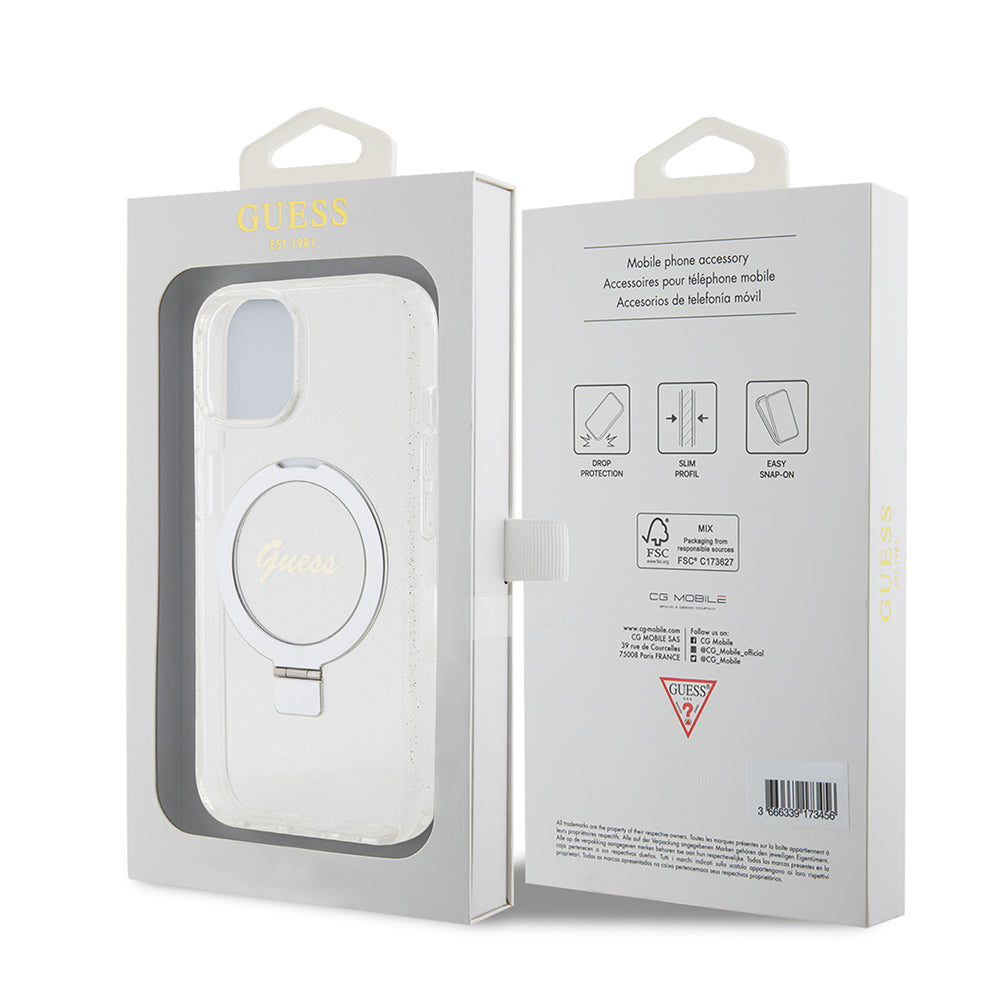 Husa de protectie Guess Ring Stand Script Glitter MagSafe (GUHMP15SHRSGSD) compatibil cu iPhone 15, Transparent