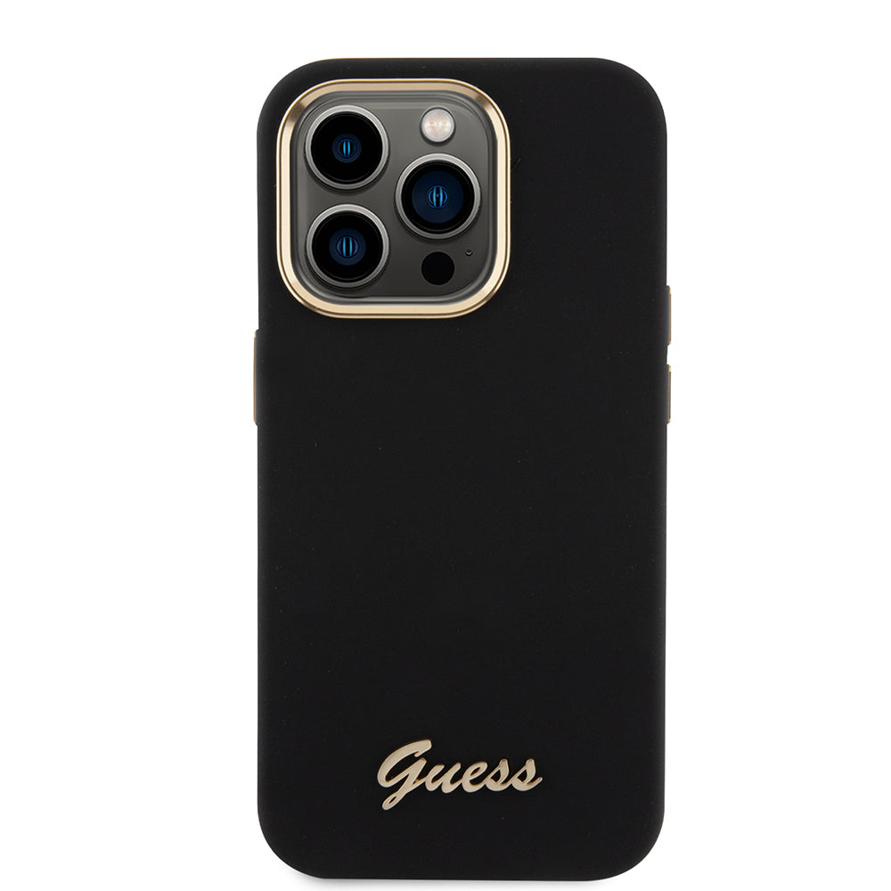 Husa de protectie Guess Silicone Script Metal Logo & Frame (GUHCP15LSMBSLK) compatibil cu iPhone 15 Pro, Negru