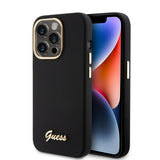 Husa de protectie Guess Silicone Script Metal Logo & Frame (GUHCP15LSMBSLK) compatibil cu iPhone 15 Pro, Negru